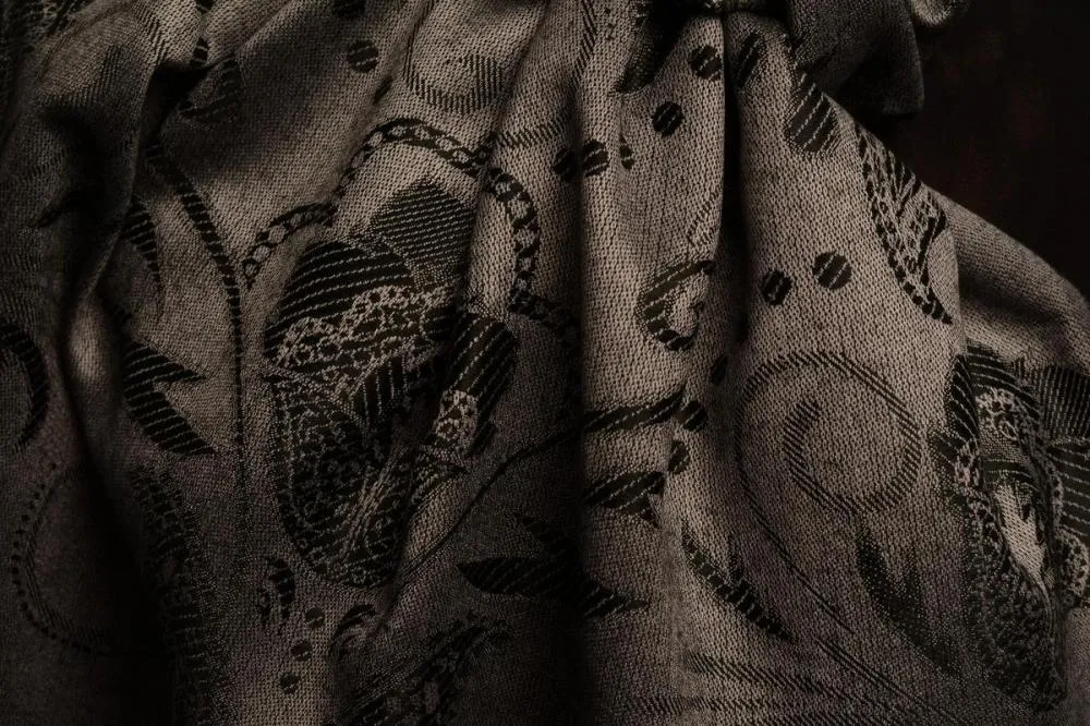 Pearls & Paisleys On Black & Grey Pashmina With Tassels