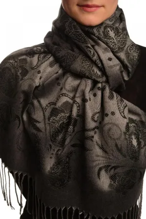 Pearls & Paisleys On Black & Grey Pashmina With Tassels