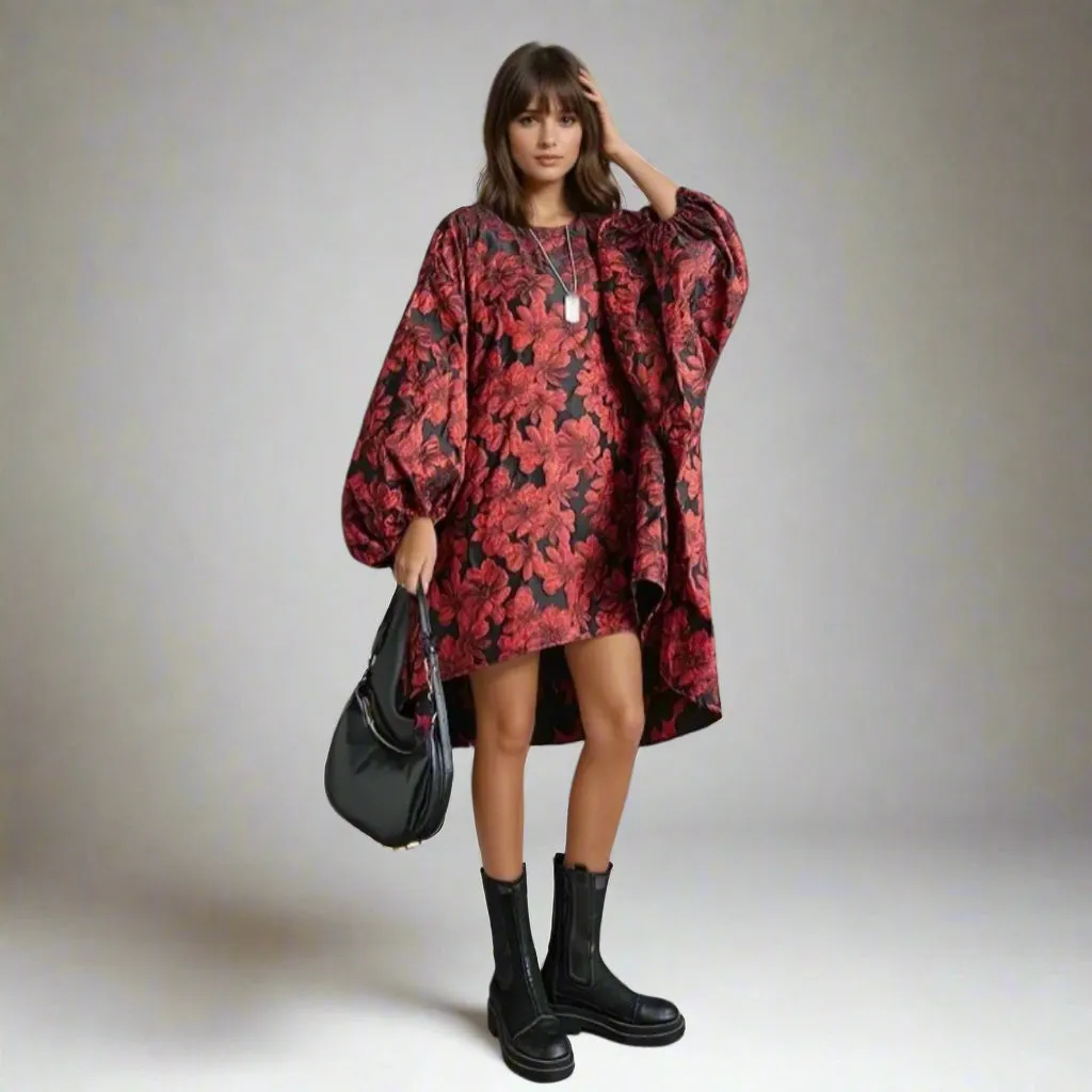 Red Floral Lantern Sleeve Asymmetrical Winter Dress – High-Low Pullover Style