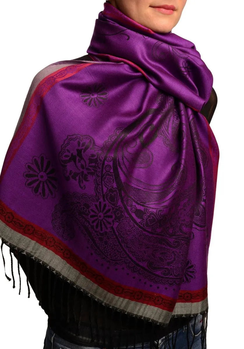 Red Frame & Paisleys On Indigo Pashmina Feel With Tassels