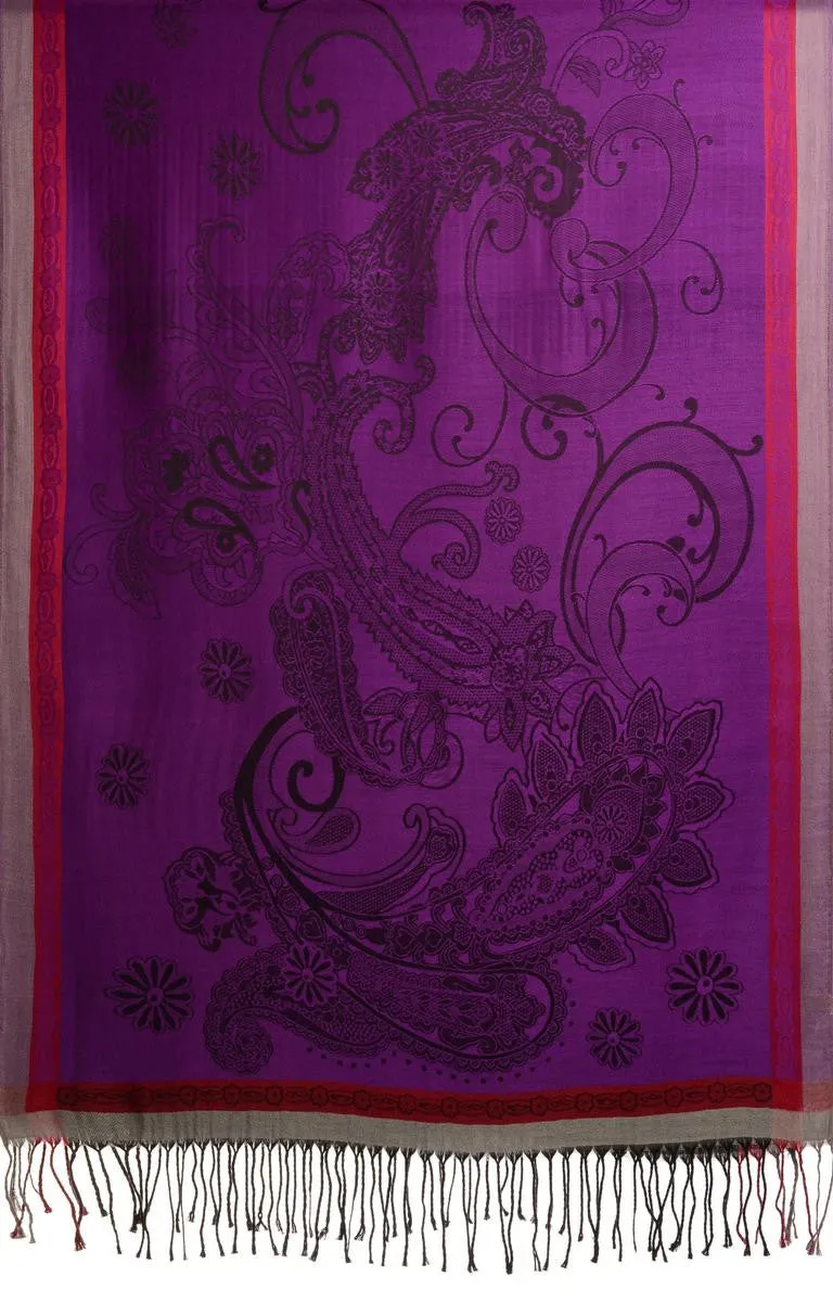 Red Frame & Paisleys On Indigo Pashmina Feel With Tassels