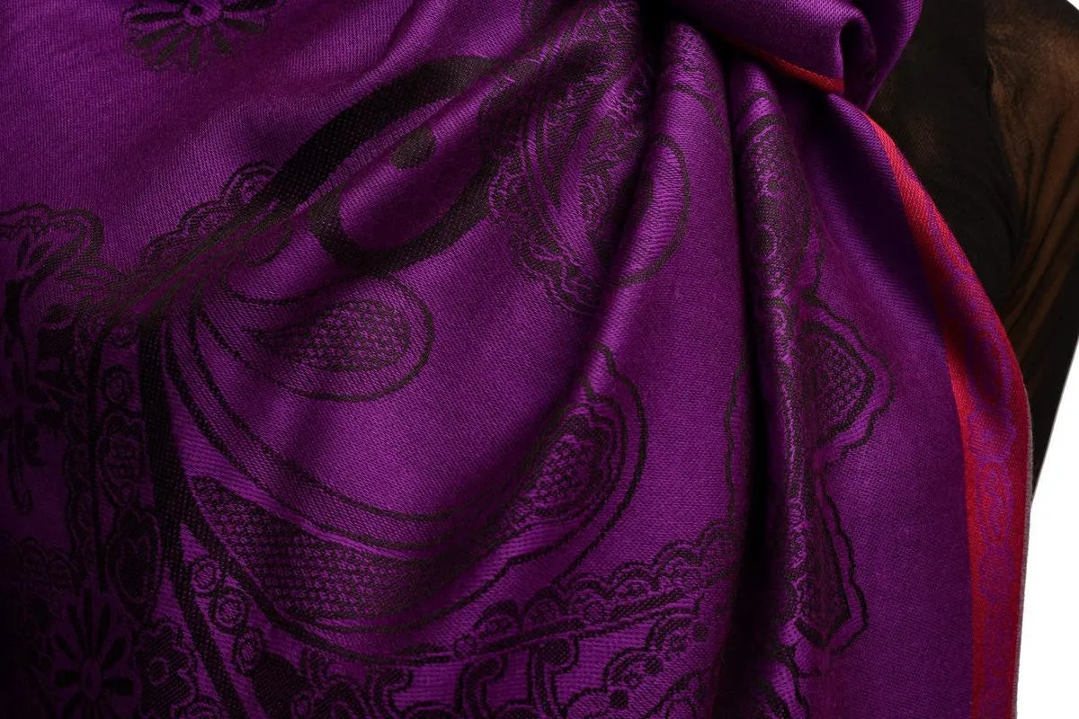 Red Frame & Paisleys On Indigo Pashmina Feel With Tassels