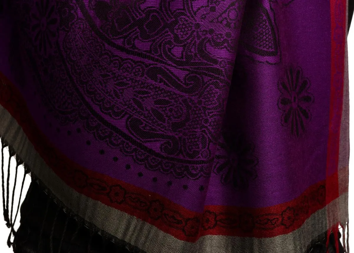 Red Frame & Paisleys On Indigo Pashmina Feel With Tassels