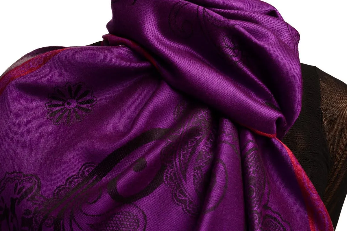 Red Frame & Paisleys On Indigo Pashmina Feel With Tassels