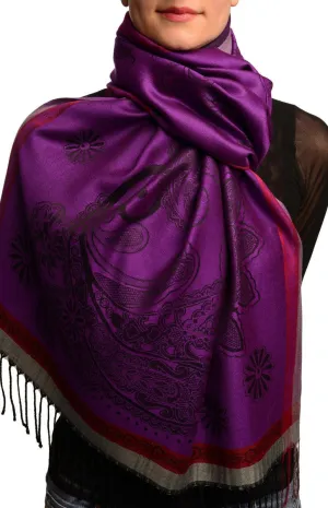 Red Frame & Paisleys On Indigo Pashmina Feel With Tassels