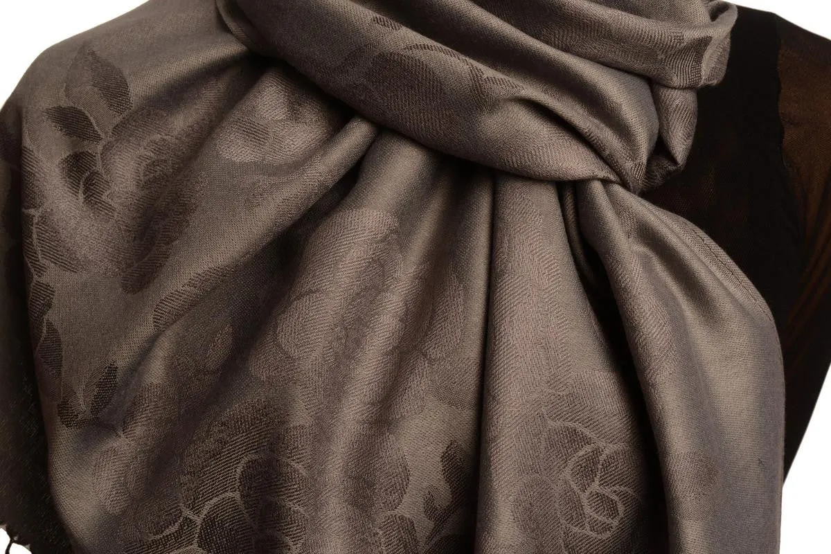 Roses On Grey Pashmina With Tassels