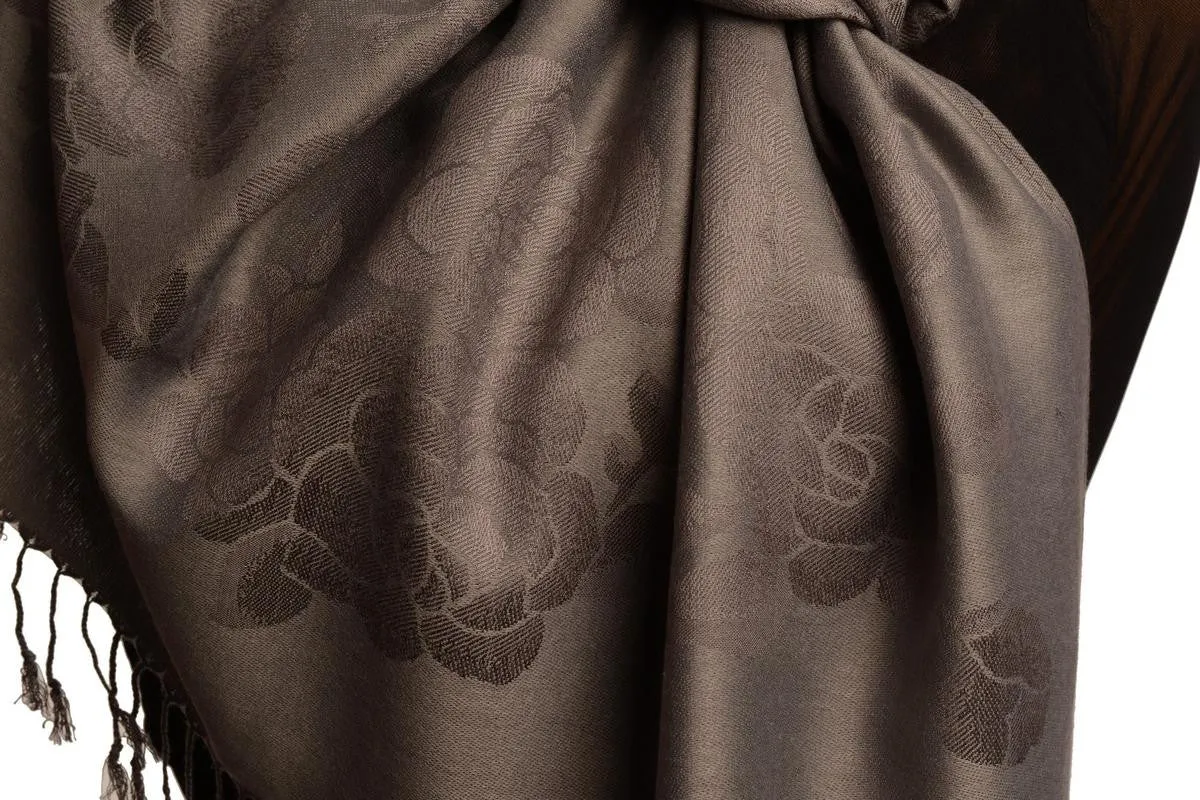 Roses On Grey Pashmina With Tassels