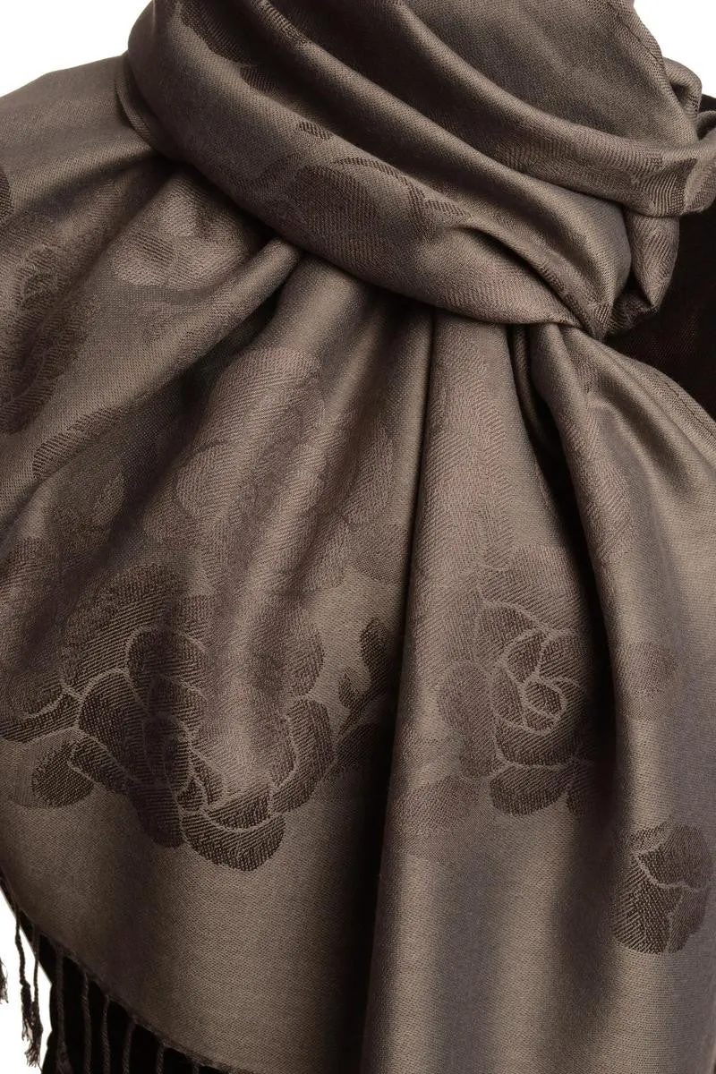 Roses On Grey Pashmina With Tassels
