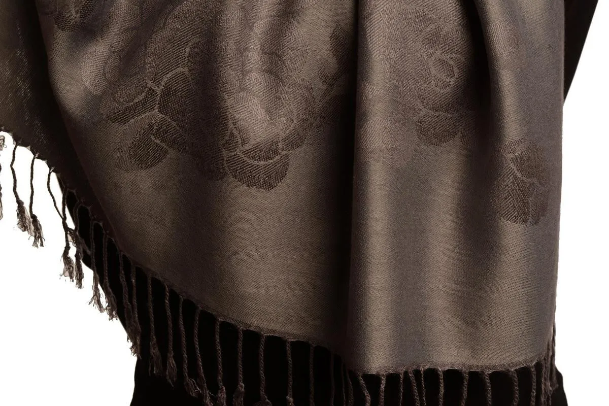 Roses On Grey Pashmina With Tassels