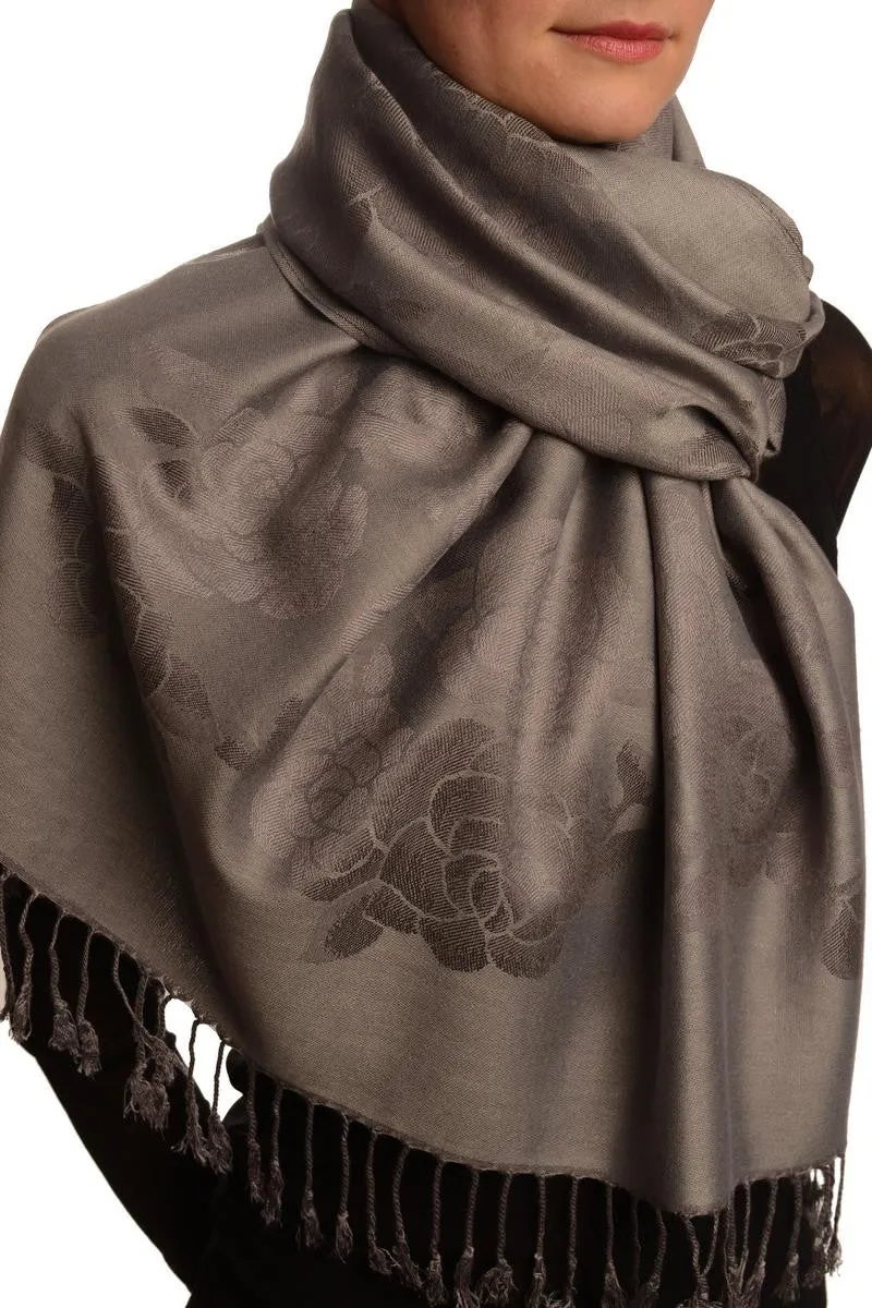 Roses On Grey Pashmina With Tassels