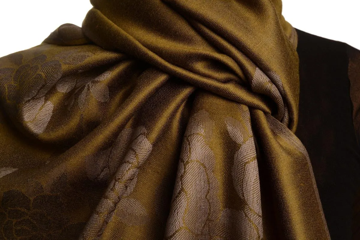 Roses On Olive Green Pashmina With Tassels