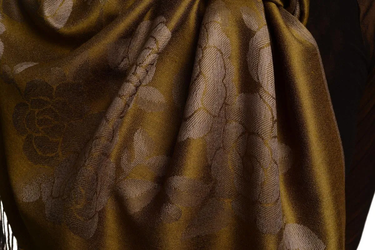 Roses On Olive Green Pashmina With Tassels