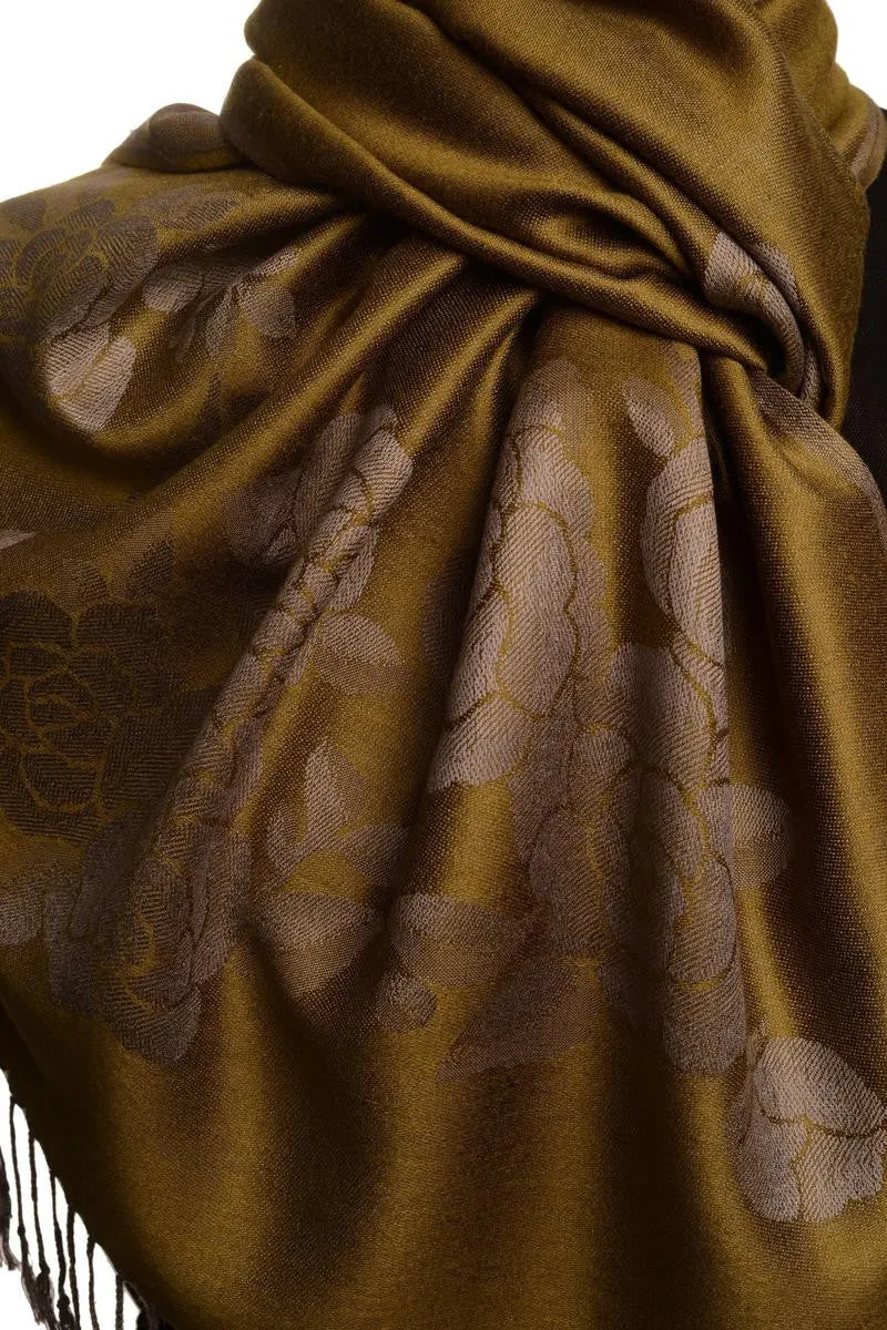 Roses On Olive Green Pashmina With Tassels