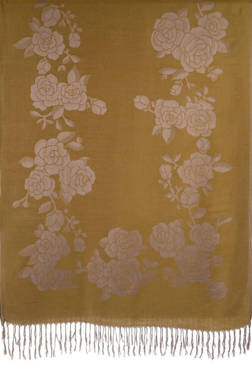 Roses On Olive Green Pashmina With Tassels