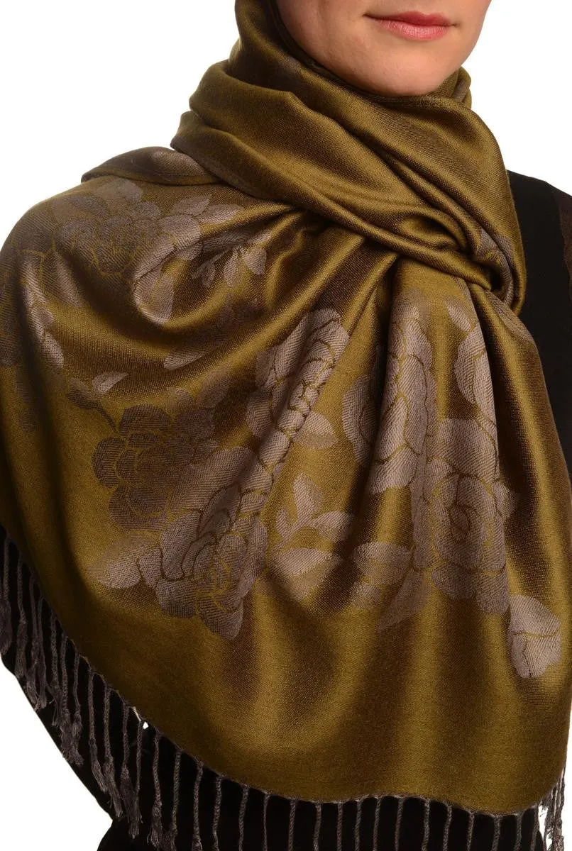 Roses On Olive Green Pashmina With Tassels