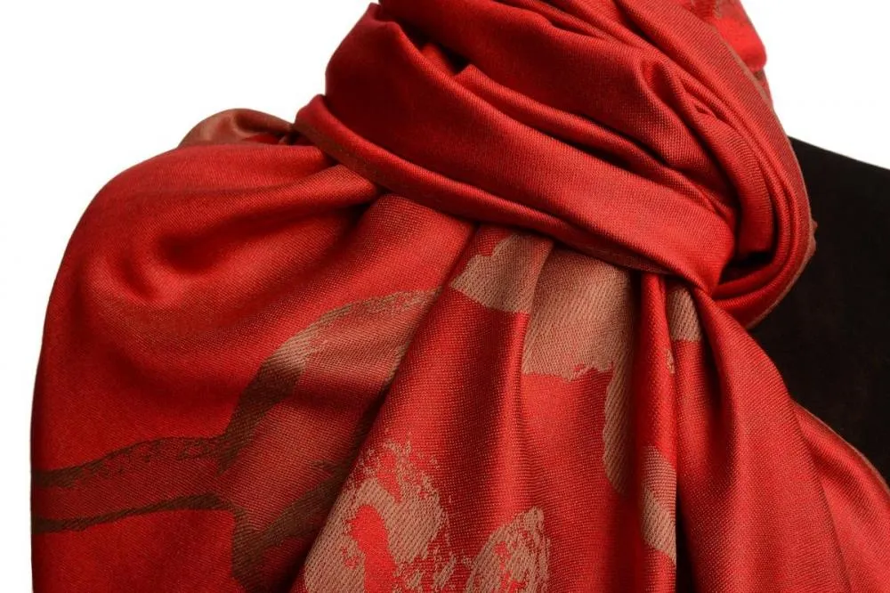 Roses On Red Pashmina Feel With Tassels