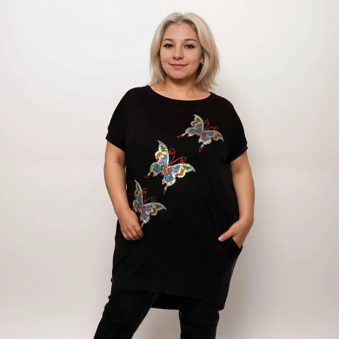 SEQUIN BUTTERFLY DIPPED HEM TOP WITH SIDE POCKETS