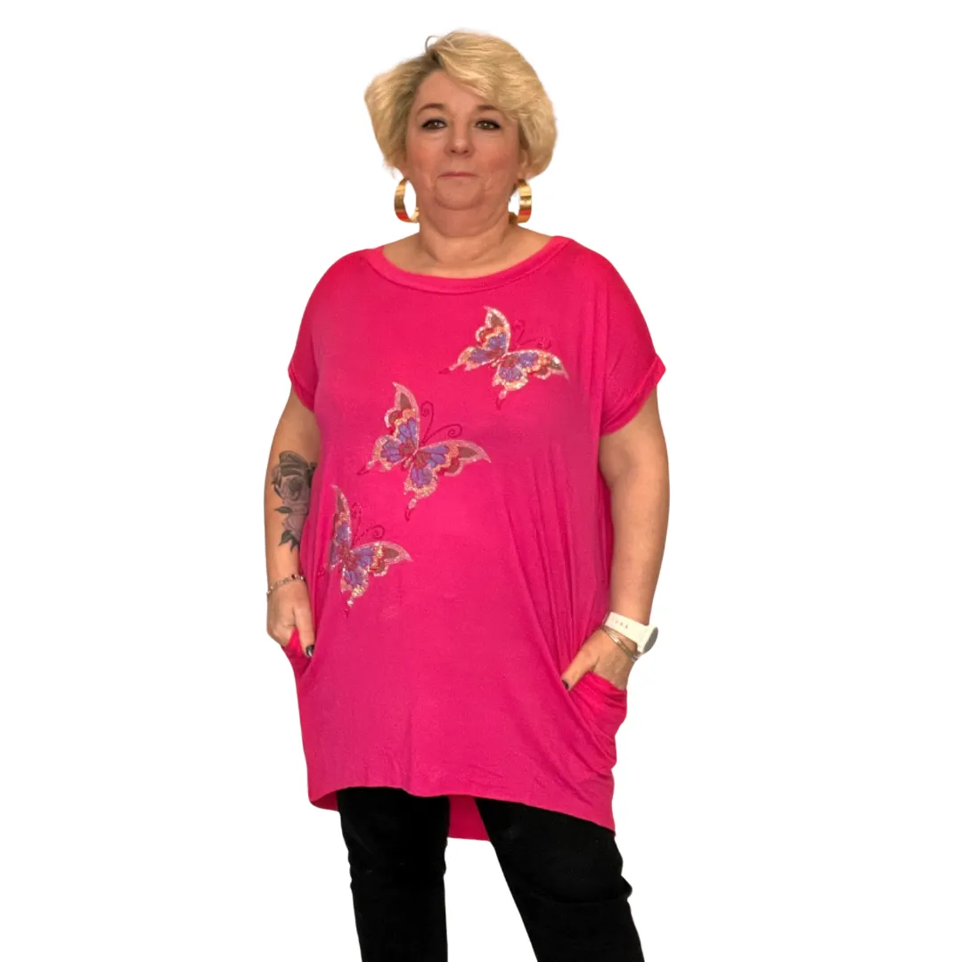 SEQUIN BUTTERFLY DIPPED HEM TOP WITH SIDE POCKETS