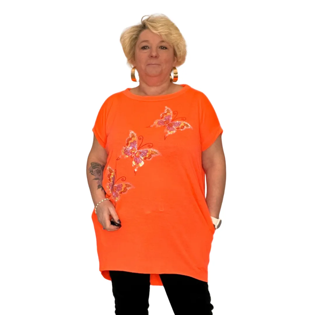 SEQUIN BUTTERFLY DIPPED HEM TOP WITH SIDE POCKETS