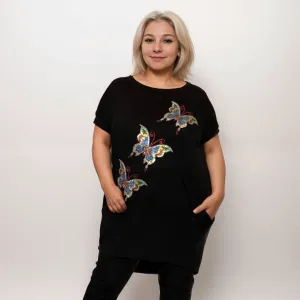 SEQUIN BUTTERFLY DIPPED HEM TOP WITH SIDE POCKETS