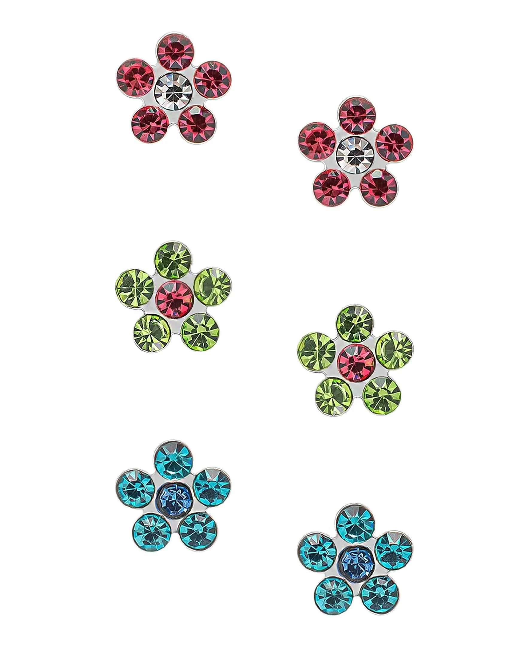Silver Plated Crystal Flower 3PC Stud Set Earrings