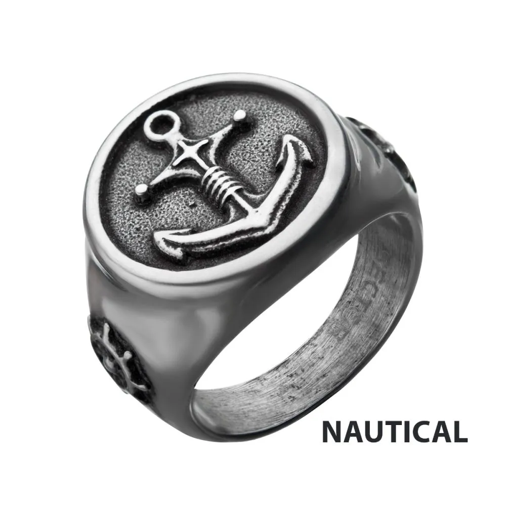 Stainless Steel Antiqued Finish with Compass & Vintage Anchor Rings