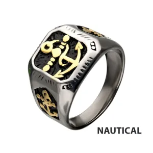 Stainless Steel Black Oxidized & Gold IP with Vintage Anchor Signet Rings