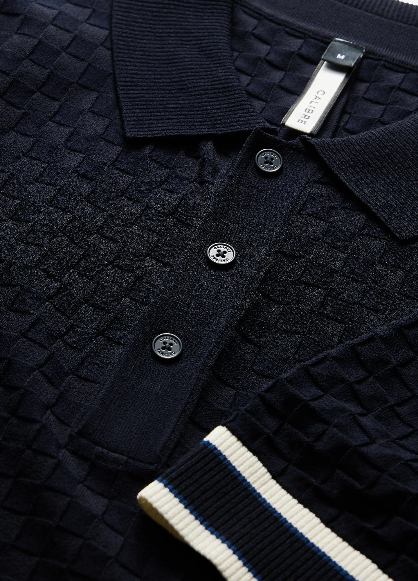 Striped Cuff Texture Knit Polo Navy