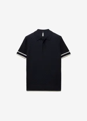 Striped Cuff Texture Knit Polo Navy