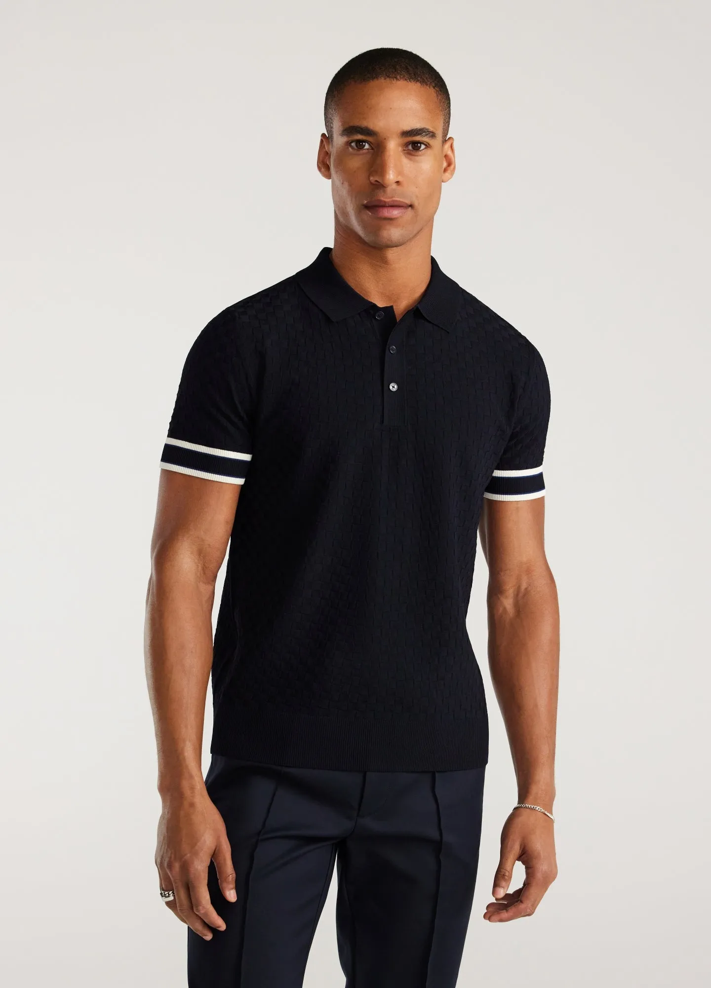 Striped Cuff Texture Knit Polo Navy
