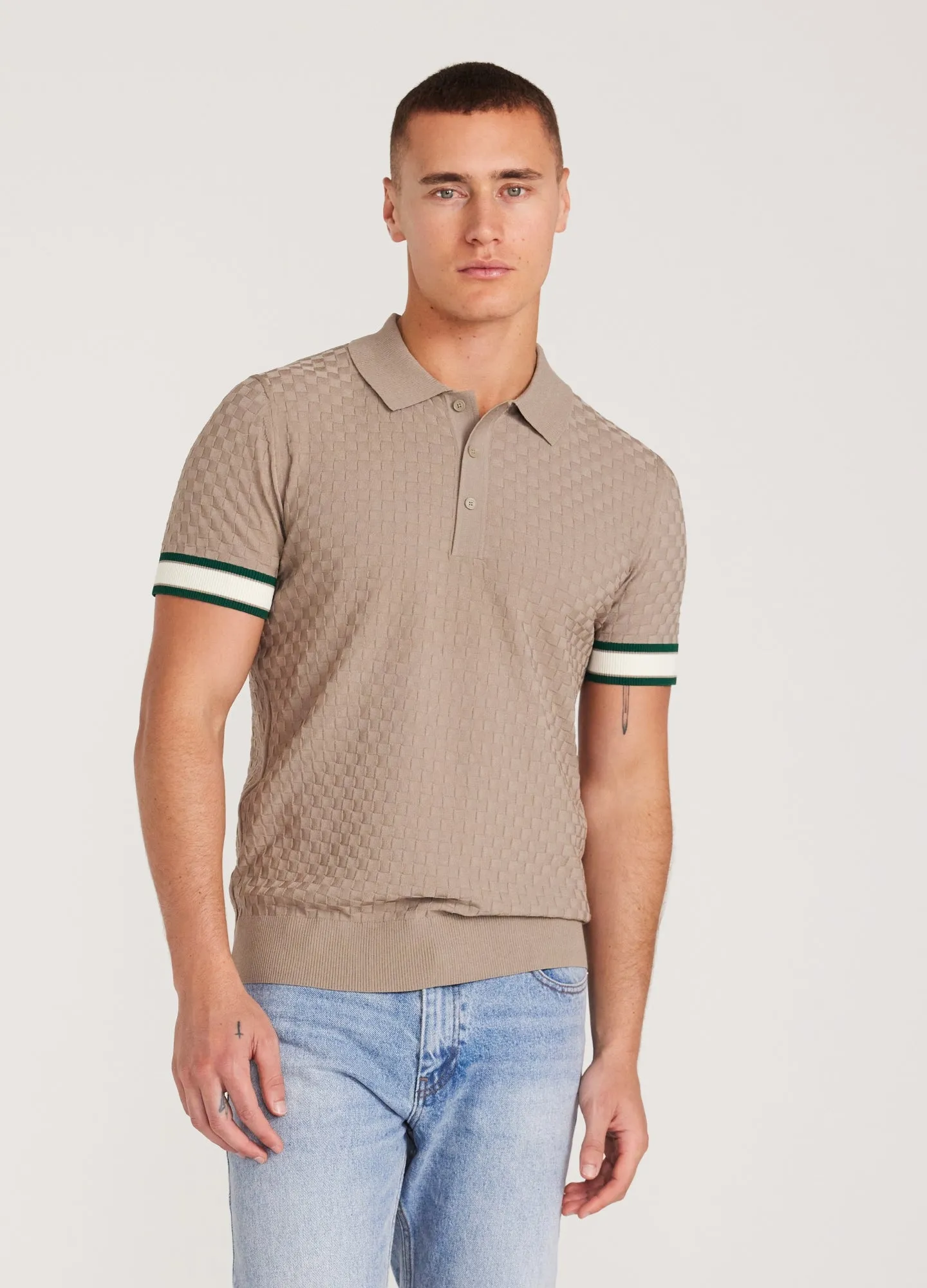 Striped Cuff Texture Knit Polo Walnut