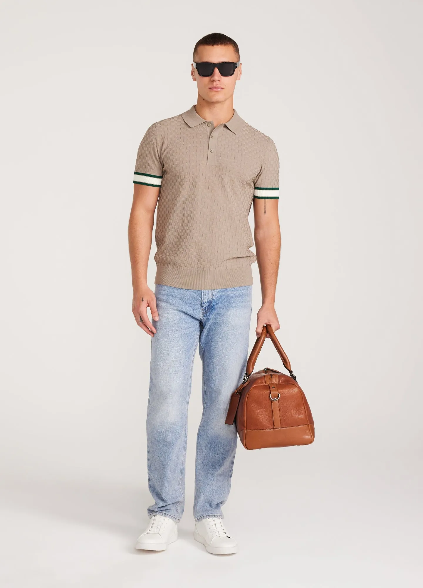 Striped Cuff Texture Knit Polo Walnut