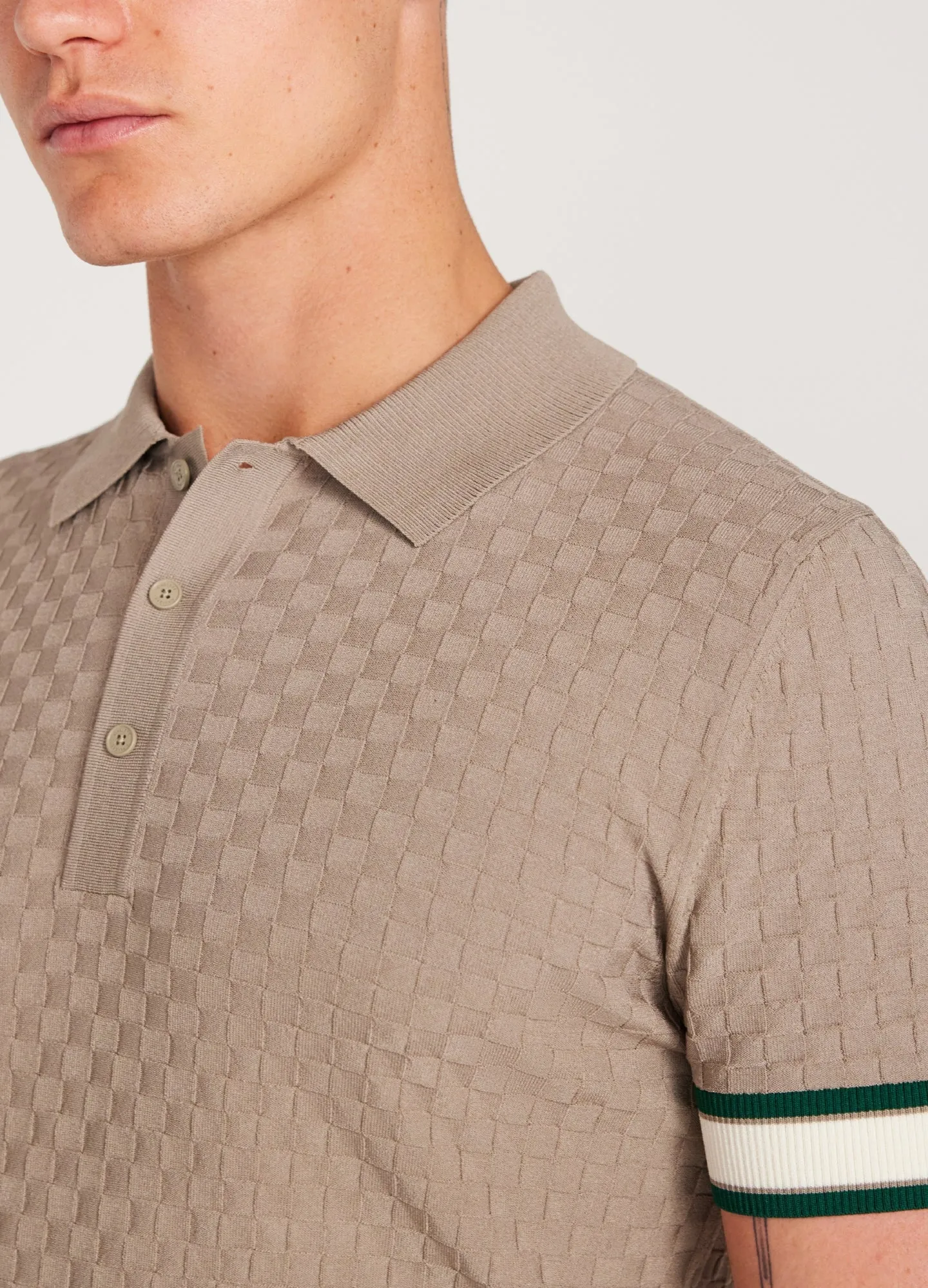 Striped Cuff Texture Knit Polo Walnut