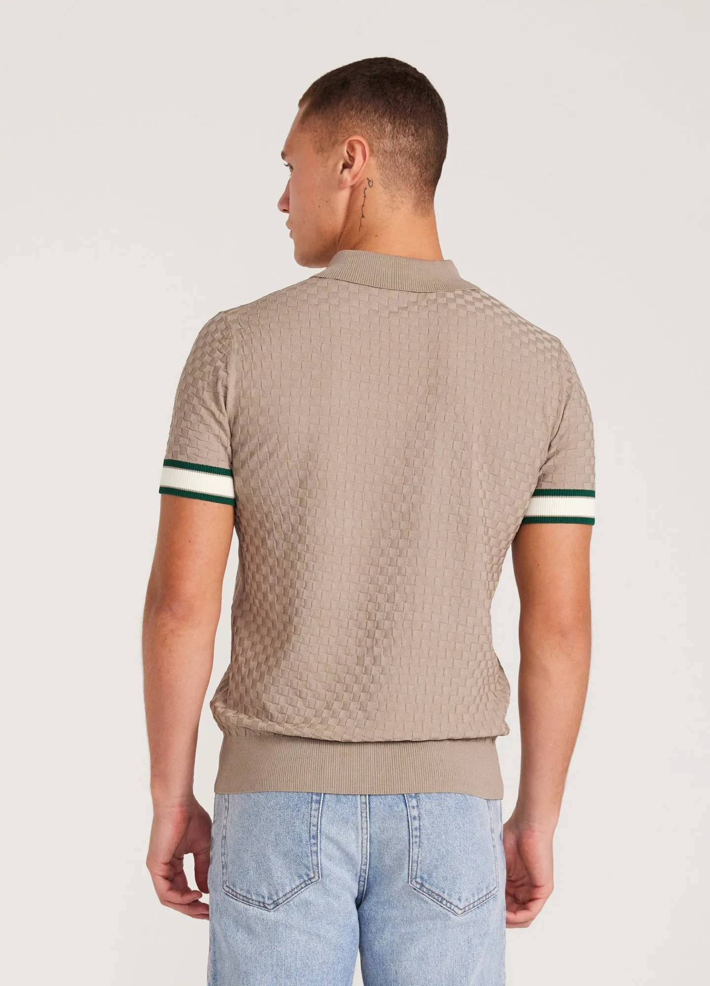 Striped Cuff Texture Knit Polo Walnut
