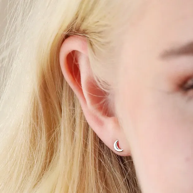 Tiny Crescent Moon Stud Earrings in Silver