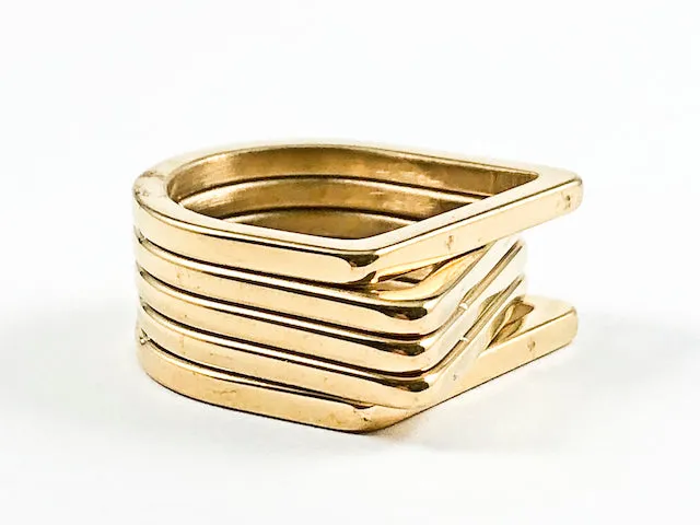 Unique Modern Layered Multi Level & Row Design Gold Tone Steel Ring