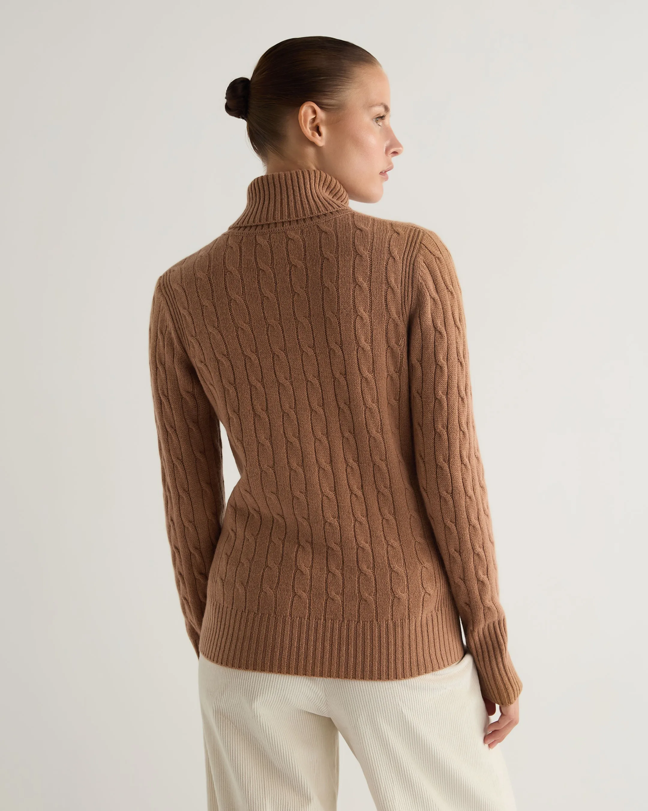 Women's Adelyn Cable Turtle Cashmere Sweater Dark Camel Brown