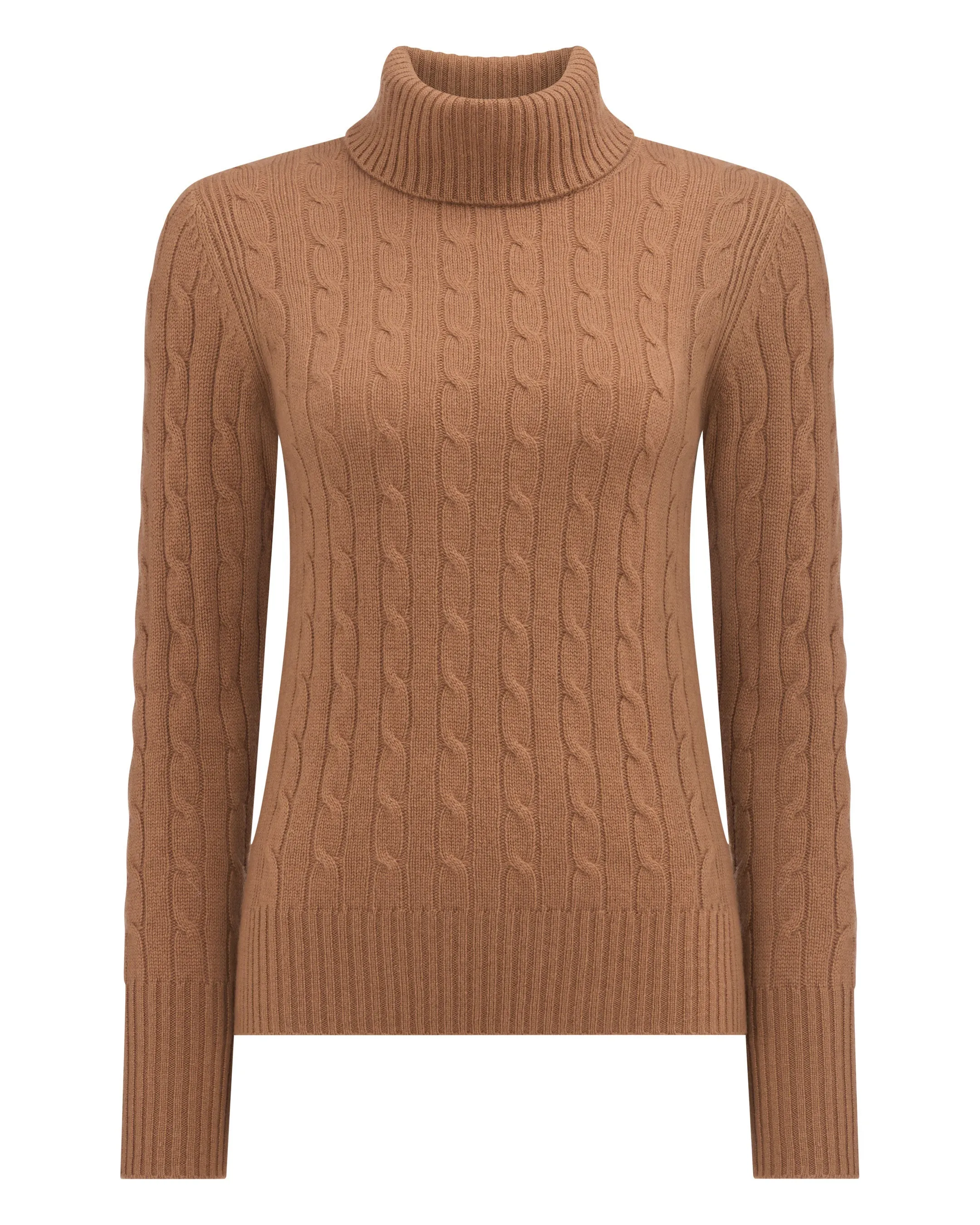 Women's Adelyn Cable Turtle Cashmere Sweater Dark Camel Brown