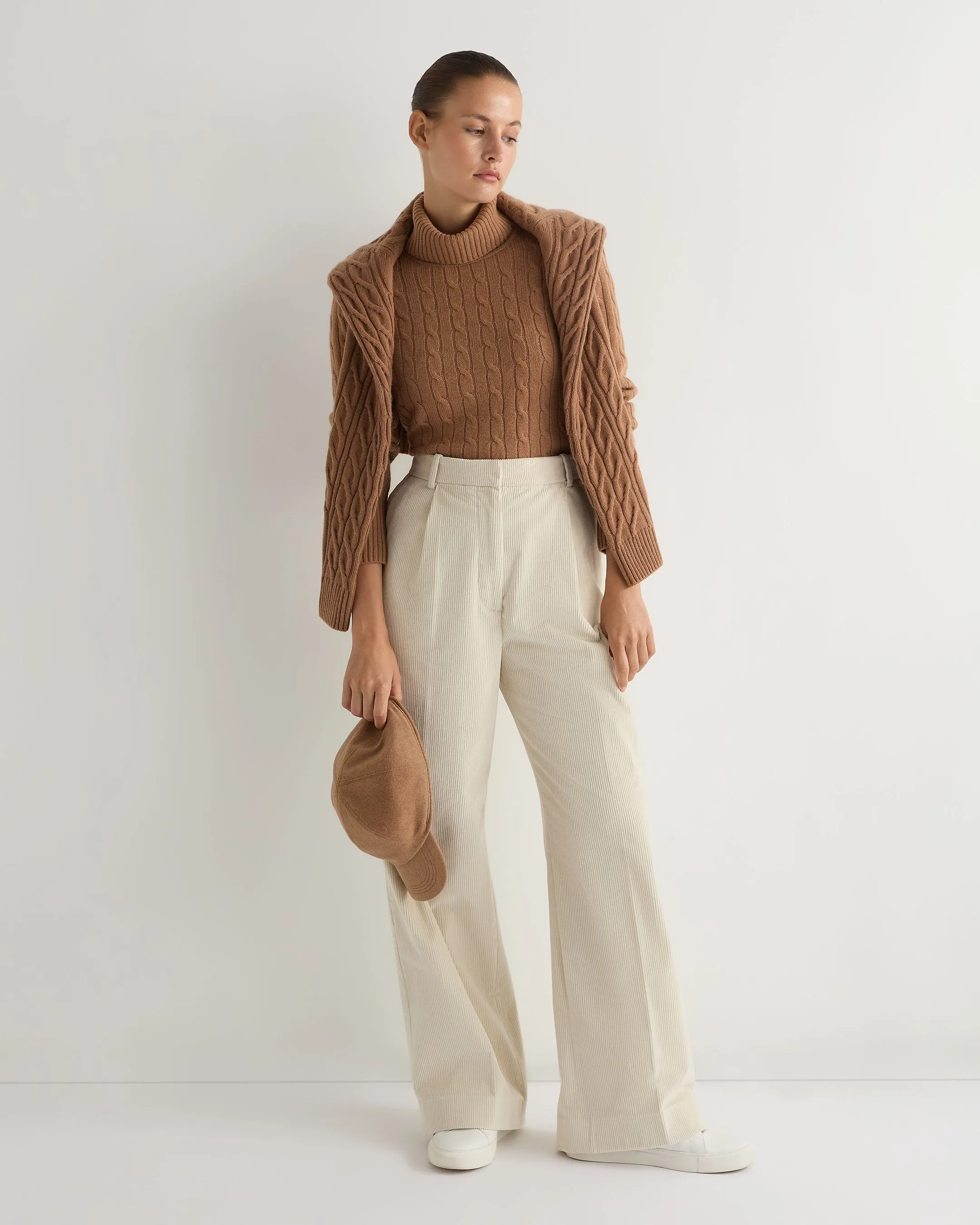 Women's Adelyn Cable Turtle Cashmere Sweater Dark Camel Brown
