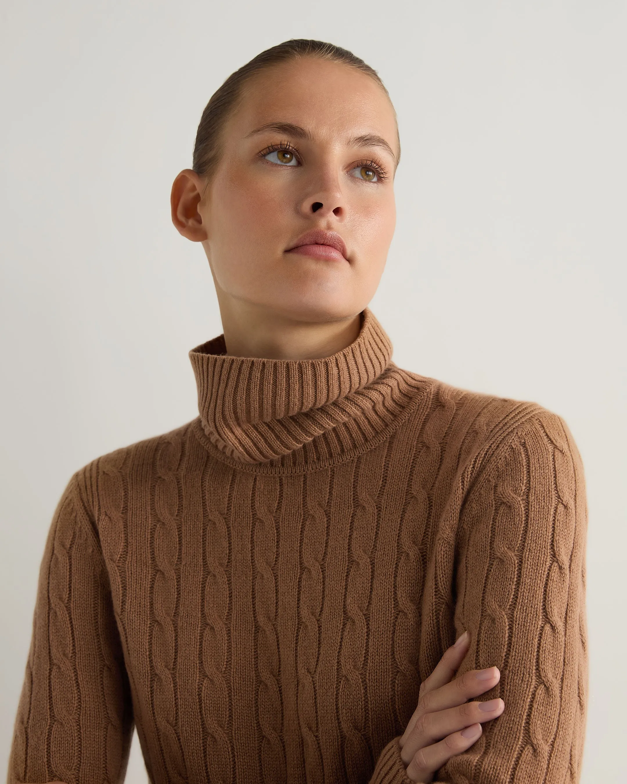 Women's Adelyn Cable Turtle Cashmere Sweater Dark Camel Brown